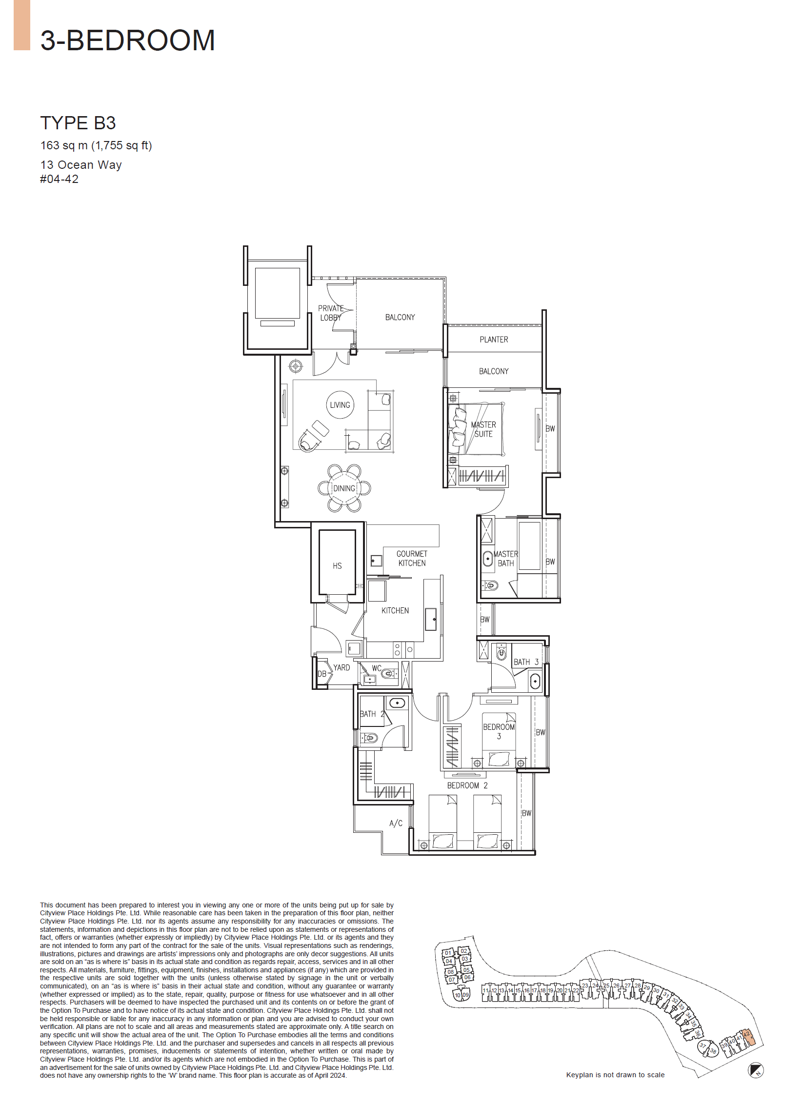 The Residences at W Singapore Sentosa Cove 3 Bedroom 3 Bedroom representative layout floor plan